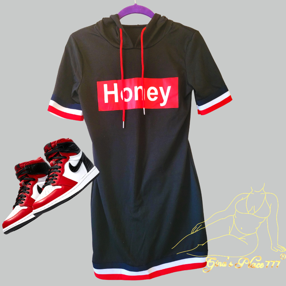 Juniors Y2k Honey Graphic Lettering Hoodie Short Sleeve Mini Dress Blk & Red Sm